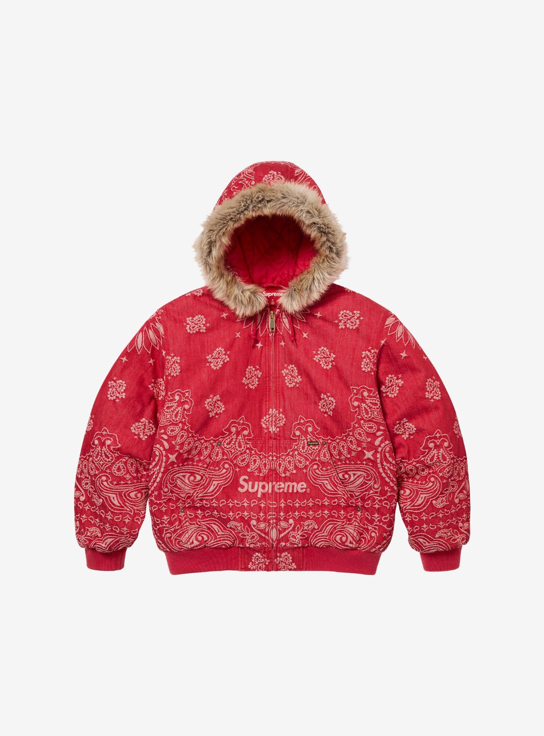 SUPREME BANDANA JACQUARD DENIM HOODED WORK JACKET RED - View 1