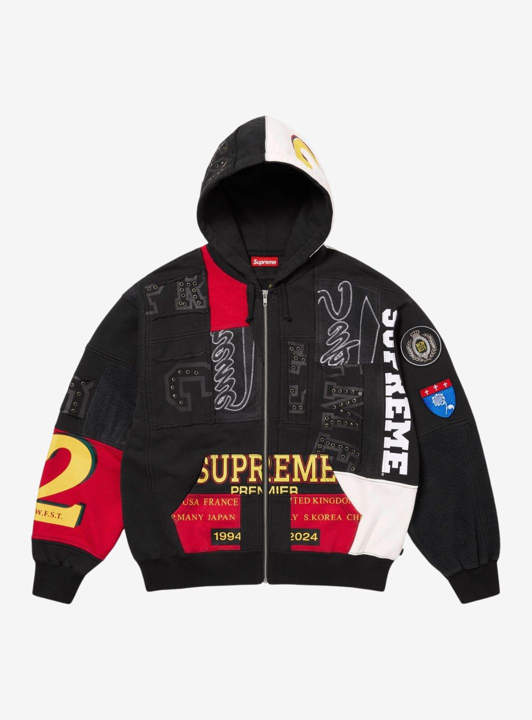 SUPREME PATCHWORK ZIP UP HOODED SWEATSHIRT BLACK (SS25) - View 1