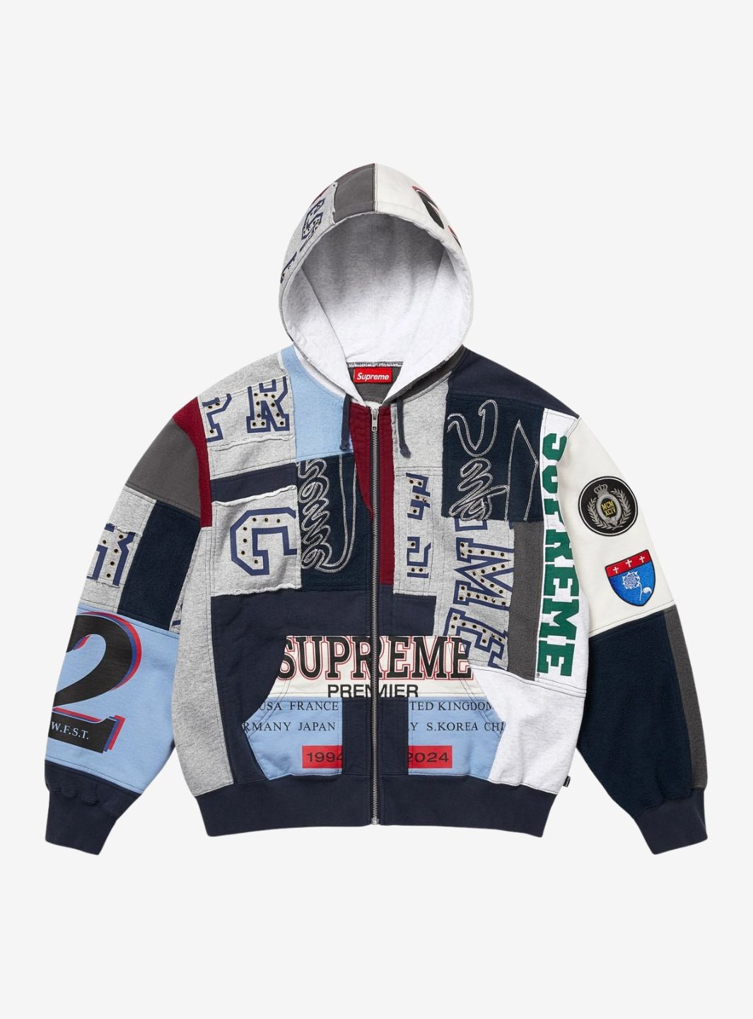 SUPREME PATCHWORK ZIP UP HOODED SWEATSHIRT NAVY (SS25) - View 1