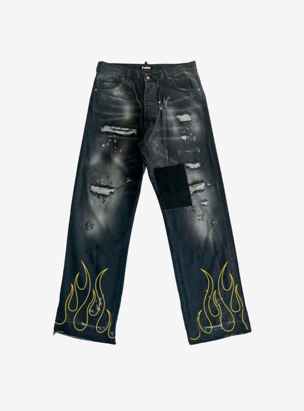 TRAP DENIM FLAME PRINT DISTRESSED BAGGY JEANS - View 1