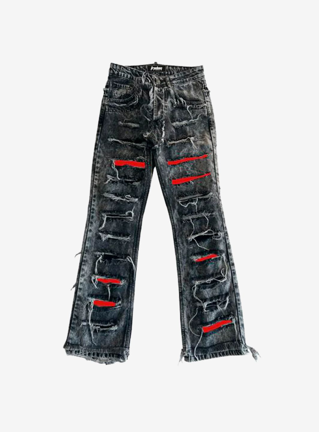 TRAP DENIM RED PRINT RIPPED FLARE JEANS - View 1